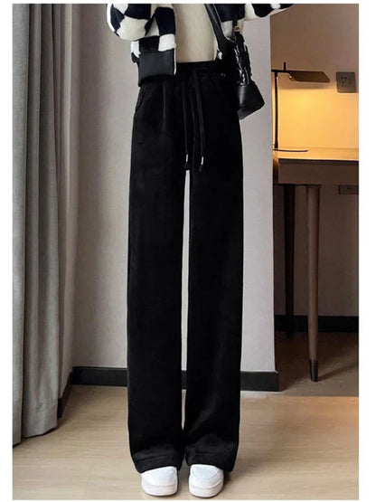 Korean Style Beige Corduroy Winter Black Fleece Warm Oversize Sweatpants Pant