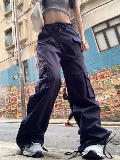 Korean Style Drawstring Sweatpants Y2K Vintage Navy Blue Oversized Streetwear Pant