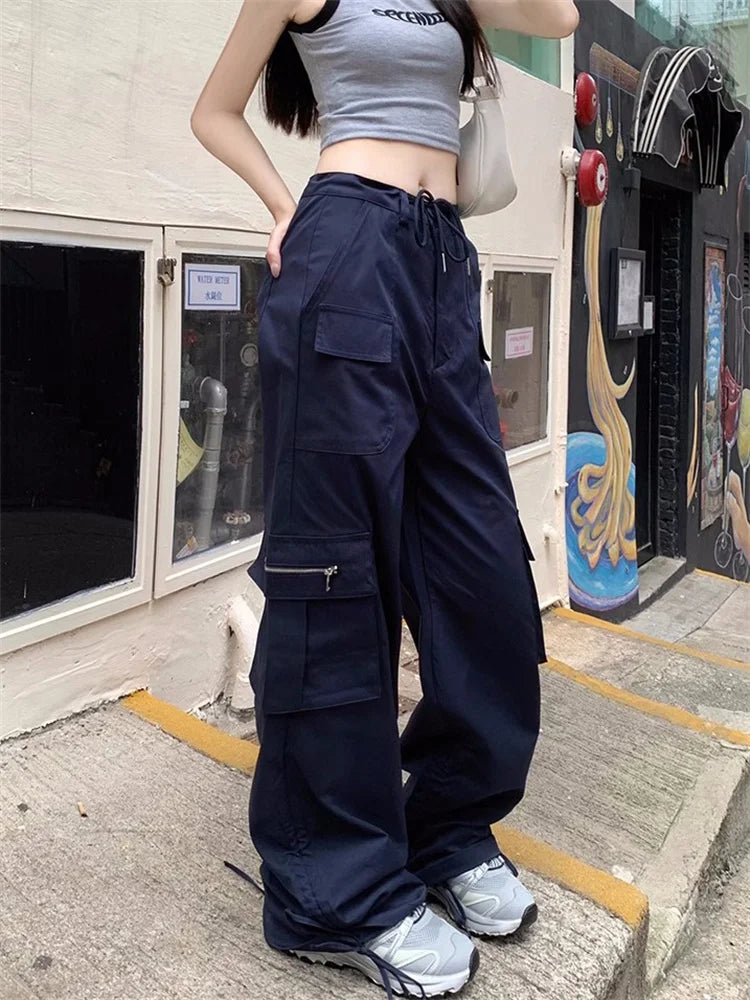 Korean Style Drawstring Sweatpants Y2K Vintage Navy Blue Oversized Streetwear Pant