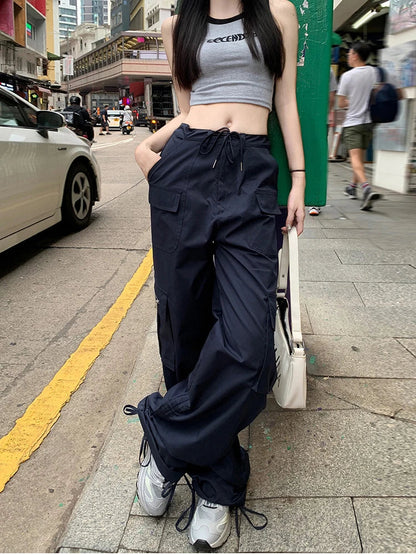 Korean Style Drawstring Sweatpants Y2K Vintage Navy Blue Oversized Streetwear Pant