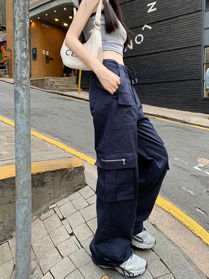 Korean Style Drawstring Sweatpants Y2K Vintage Navy Blue Oversized Streetwear Pant