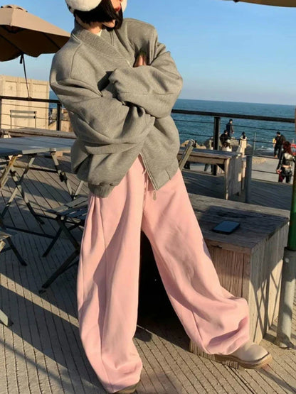 Korean Style Pink Fleece Sweatpants Y2K Vintage Winter Thick Harajuku Warm Pant