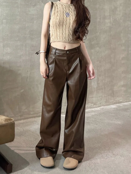 Vintage Brown Pu Leather Y2K Korean Black Wide Leg Oversize Pant