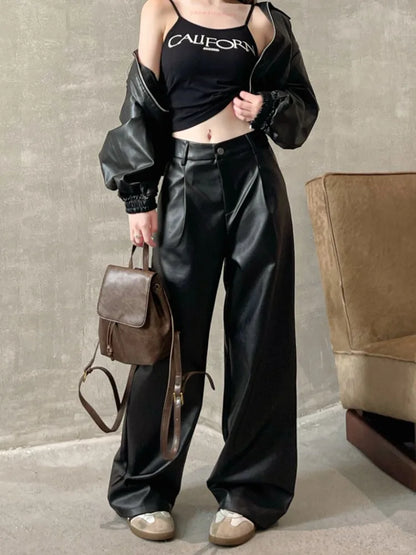 Vintage Brown Pu Leather Y2K Korean Black Wide Leg Oversize Pant
