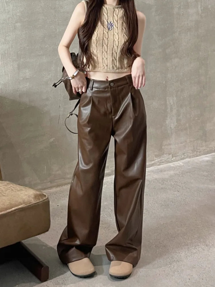 Vintage Brown Pu Leather Y2K Korean Black Wide Leg Oversize Pant