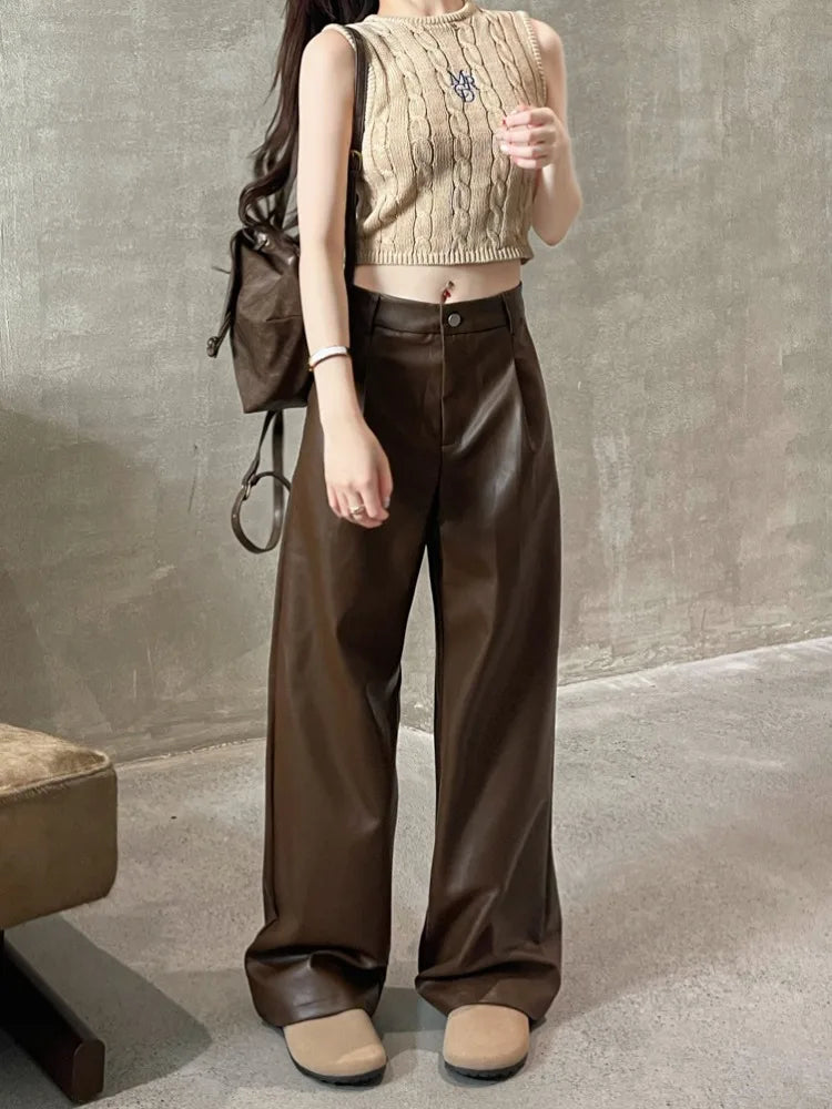 Vintage Brown Pu Leather Y2K Korean Black Wide Leg Oversize Pant