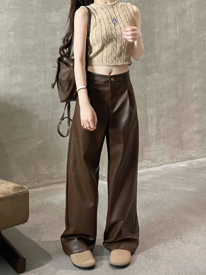 Vintage Brown Pu Leather Y2K Korean Black Wide Leg Oversize Pant