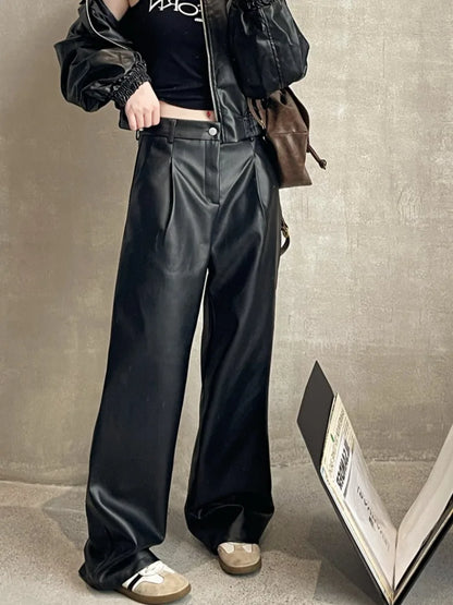 Vintage Brown Pu Leather Y2K Korean Black Wide Leg Oversize Pant