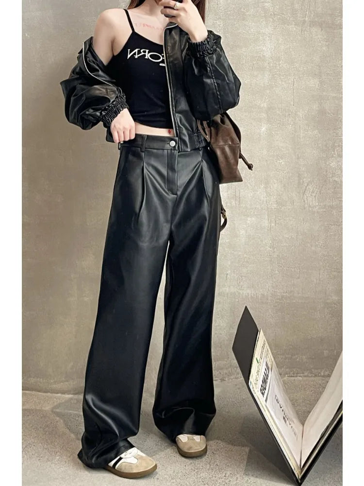 Vintage Brown Pu Leather Y2K Korean Black Wide Leg Oversize Pant