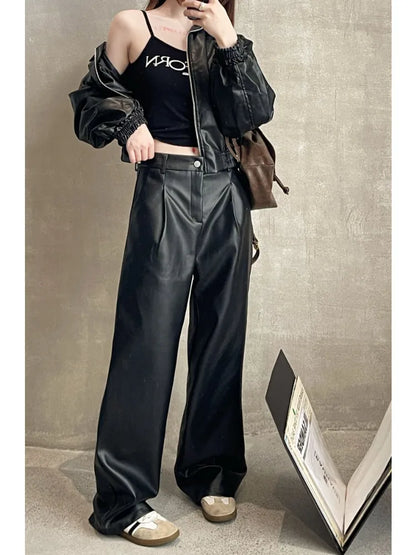 Vintage Brown Pu Leather Y2K Korean Black Wide Leg Oversize Pant