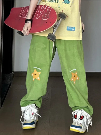 Vintage Hippie Star Print Corduroy Kawaii Green Wide Leg Sweatpants Pant