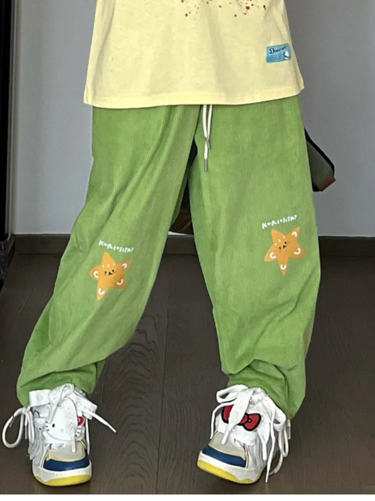 Vintage Hippie Star Print Corduroy Kawaii Green Wide Leg Sweatpants Pant