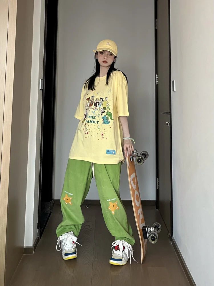 Vintage Hippie Star Print Corduroy Kawaii Green Wide Leg Sweatpants Pant