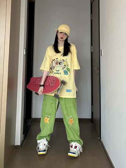 Vintage Hippie Star Print Corduroy Kawaii Green Wide Leg Sweatpants Pant