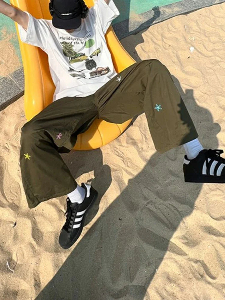 Vintage Korean Green Cargo Harajuku Hippie Kpop Floral Embroidery Baggy Pant