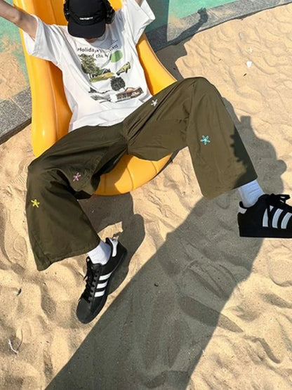 Vintage Korean Green Cargo Harajuku Hippie Kpop Floral Embroidery Baggy Pant