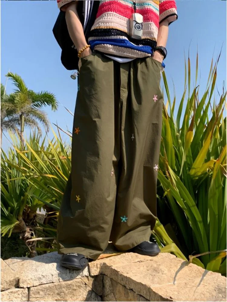 Vintage Korean Green Cargo Harajuku Hippie Kpop Floral Embroidery Baggy Pant