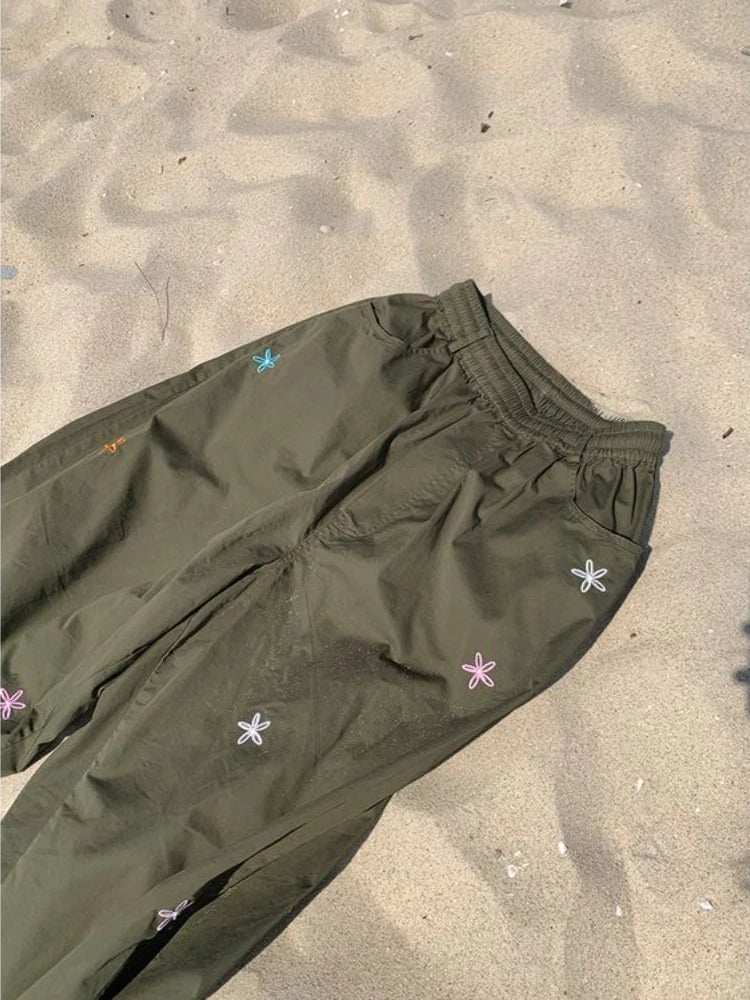 Vintage Korean Green Cargo Harajuku Hippie Kpop Floral Embroidery Baggy Pant