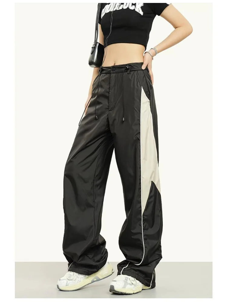 Vintage Patchwork Beige Sweatpants Retro Streetwear Wide Leg Baggy Pant