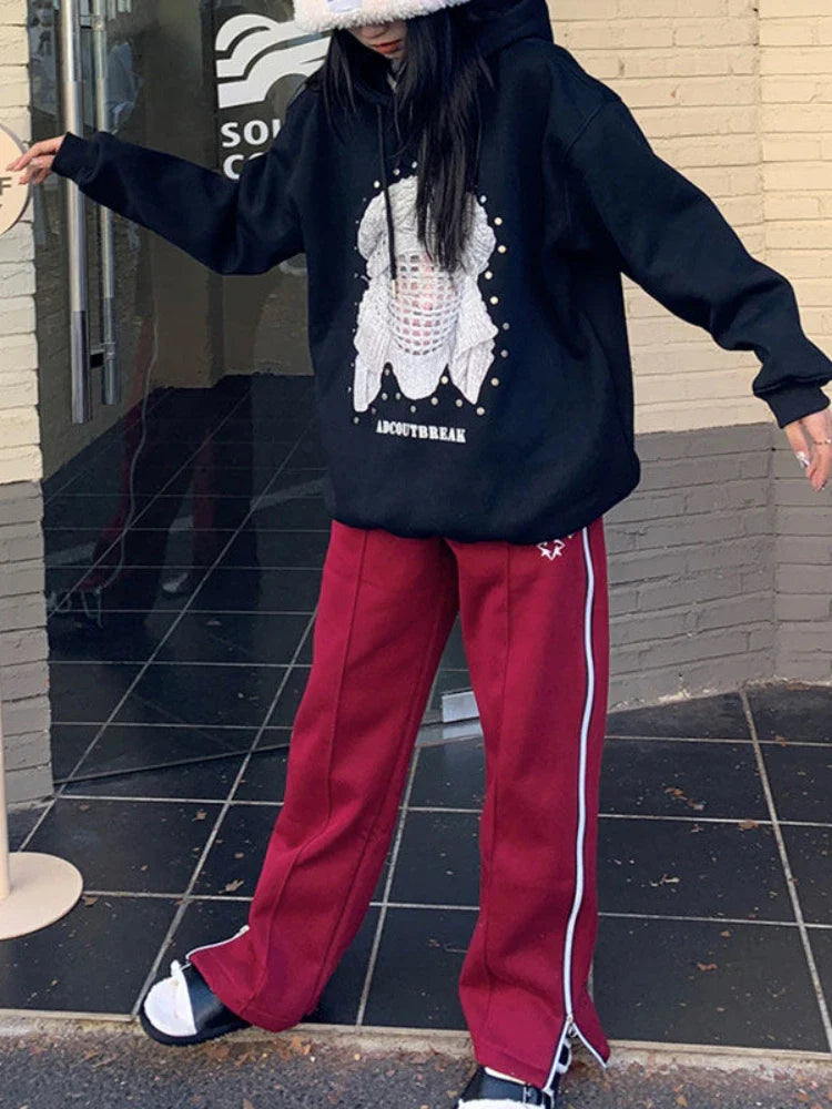 Vintage Red Straight Japanese Y2K Casual Sweatpants Winter Warm Harajuku Jogging Pant