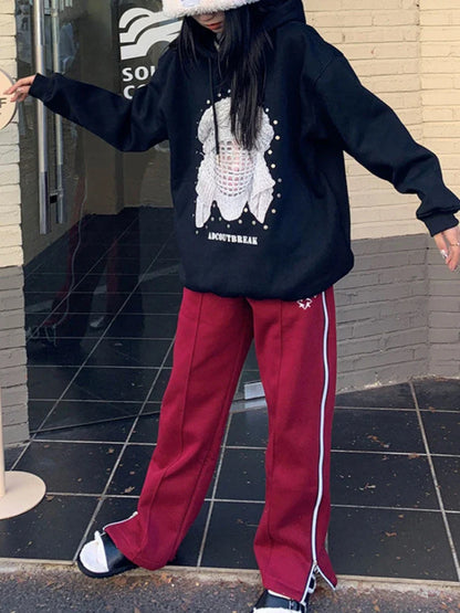 Vintage Red Straight Japanese Y2K Casual Sweatpants Winter Warm Harajuku Jogging Pant