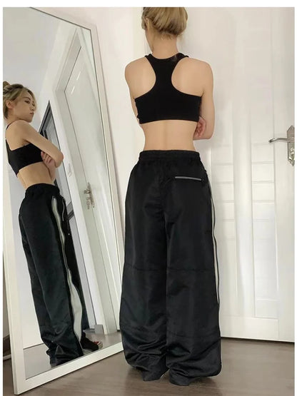 Y2K Beige Parachute Vintage Streetwear Patchwork Baggy Oversize Sweatpants Trendy Pant