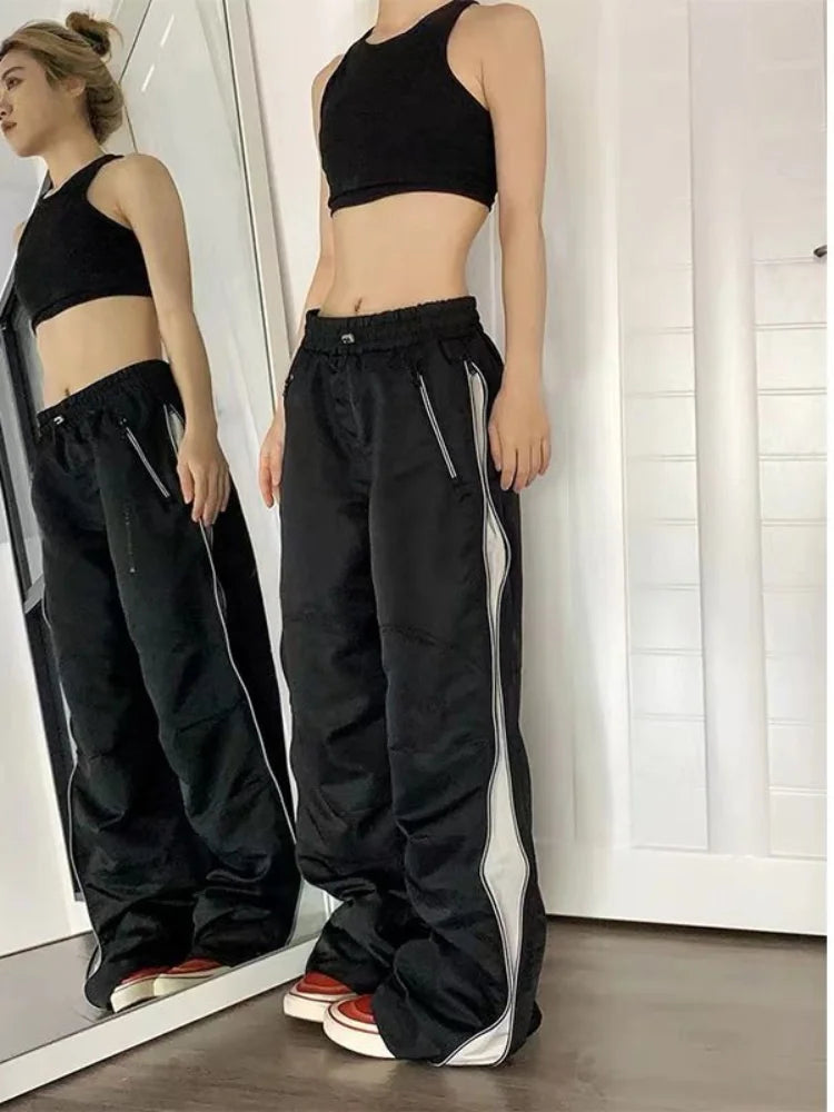 Y2K Beige Parachute Vintage Streetwear Patchwork Baggy Oversize Sweatpants Trendy Pant