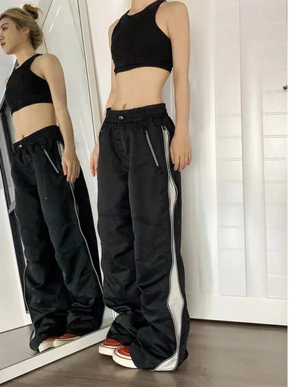 Y2K Beige Parachute Vintage Streetwear Patchwork Baggy Oversize Sweatpants Trendy Pant