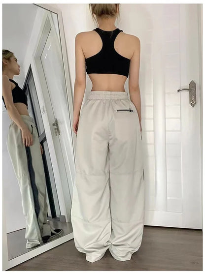 Y2K Beige Parachute Vintage Streetwear Patchwork Baggy Oversize Sweatpants Trendy Pant