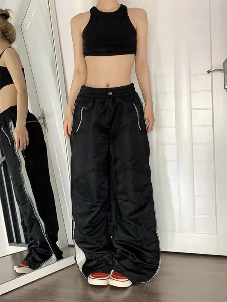 Y2K Beige Parachute Vintage Streetwear Patchwork Baggy Oversize Sweatpants Trendy Pant