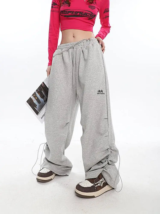 Y2K Kpop Gray Drawstring Folds Jogging Oversize Wide Leg Pant