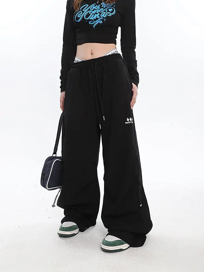 Y2K Kpop Gray Drawstring Folds Jogging Oversize Wide Leg Pant