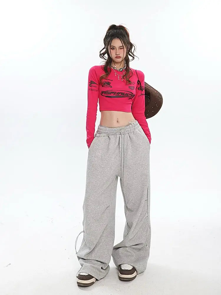 Y2K Kpop Gray Drawstring Folds Jogging Oversize Wide Leg Pant
