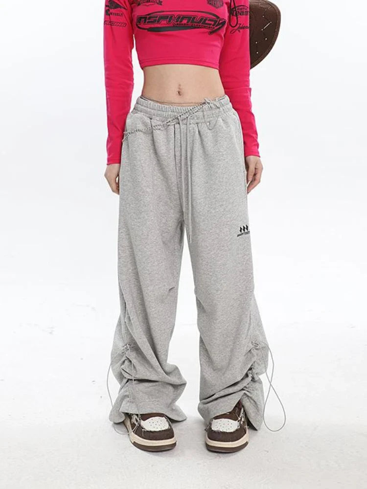 Y2K Kpop Gray Drawstring Folds Jogging Oversize Wide Leg Pant