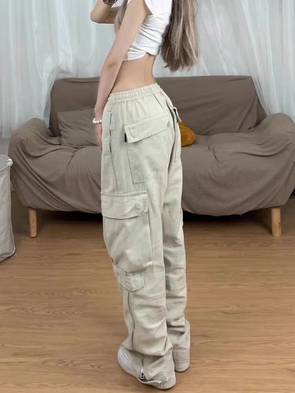 Y2K Retro Beige Cargo Vintage Streetwear Pockets Wide Leg Fashion Pant