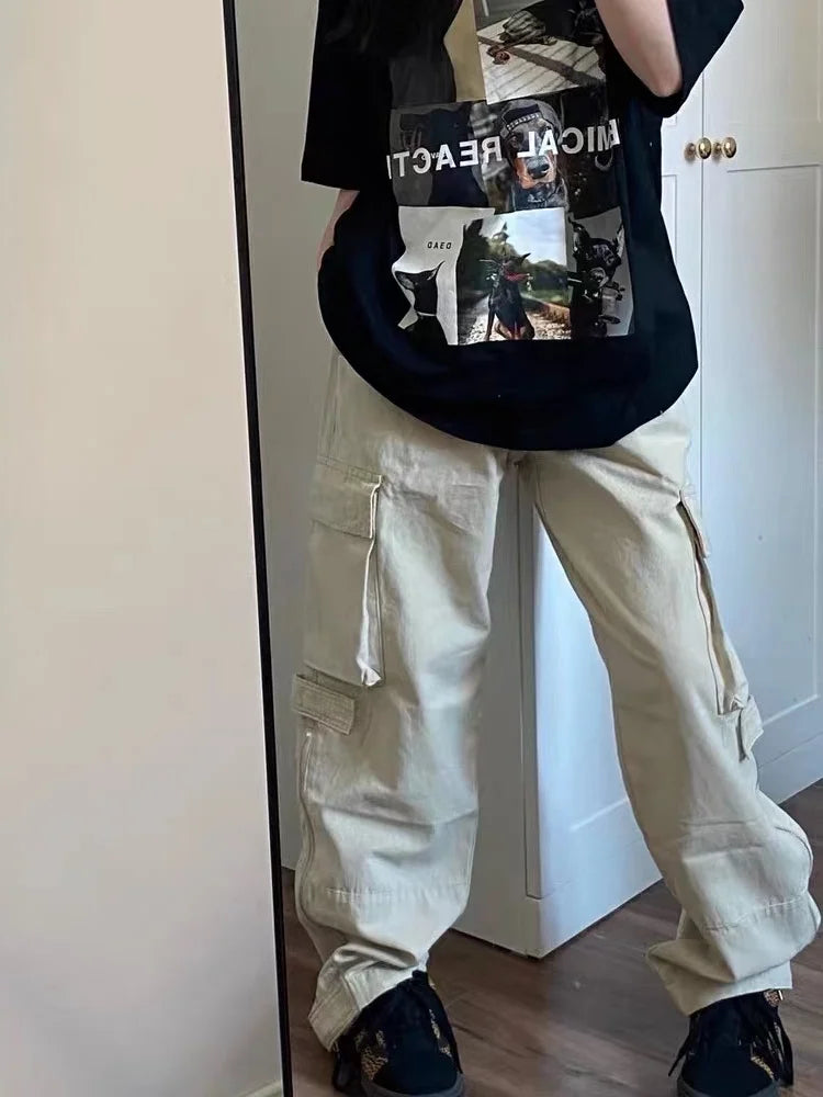Y2K Retro Beige Cargo Vintage Streetwear Pockets Wide Leg Fashion Pant