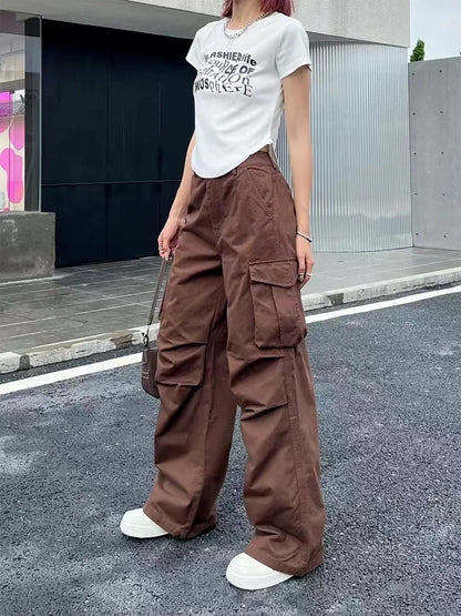 Y2K Retro White Cargo Aesthetic Oversized Brown Parachute Wide Pockets Pant