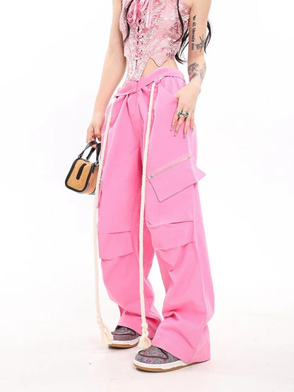Y2K Vintage Brown Cargo Parachute Kpop Pink Wide Leg American Retro Pant
