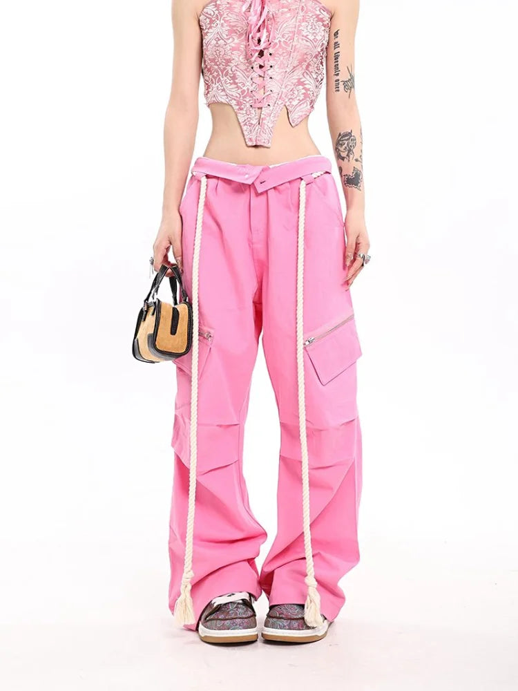 Y2K Vintage Brown Cargo Parachute Kpop Pink Wide Leg American Retro Pant