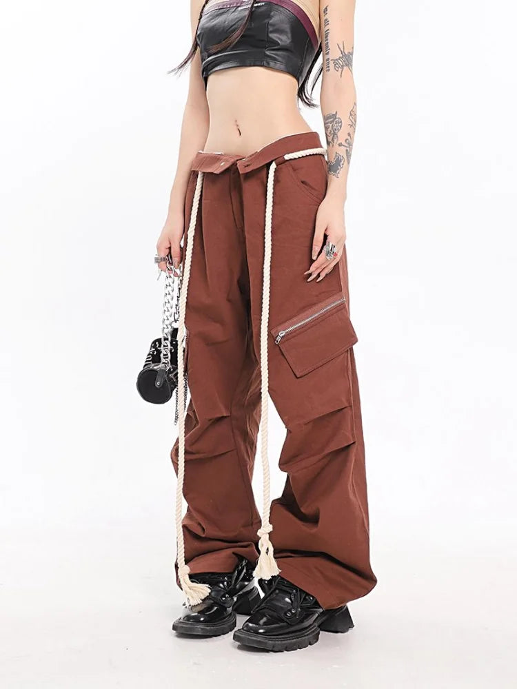Y2K Vintage Brown Cargo Parachute Kpop Pink Wide Leg American Retro Pant