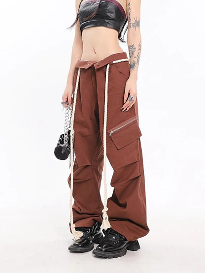 Y2K Vintage Brown Cargo Parachute Kpop Pink Wide Leg American Retro Pant