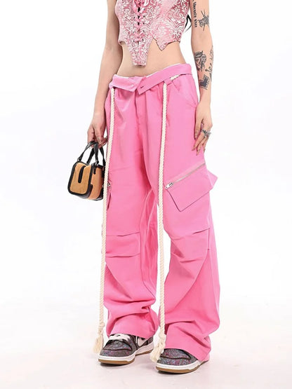 Y2K Vintage Brown Cargo Parachute Kpop Pink Wide Leg American Retro Pant