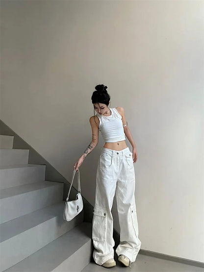 Y2K Vintage White Cargo Korean Style Wide Leg Denim Oversized Streetwear Pant