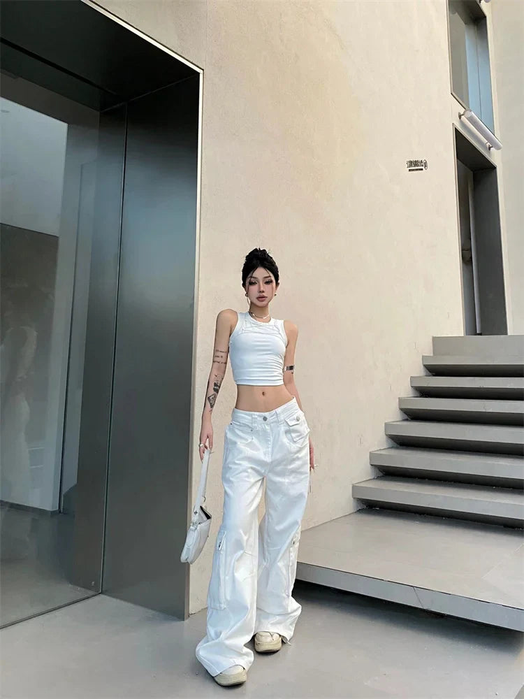 Y2K Vintage White Cargo Korean Style Wide Leg Denim Oversized Streetwear Pant