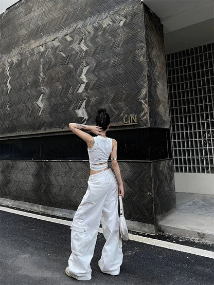 Y2K Vintage White Cargo Korean Style Wide Leg Denim Oversized Streetwear Pant