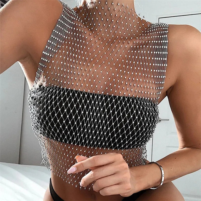 Rhinestone Fishnet Mesh Sheer Top