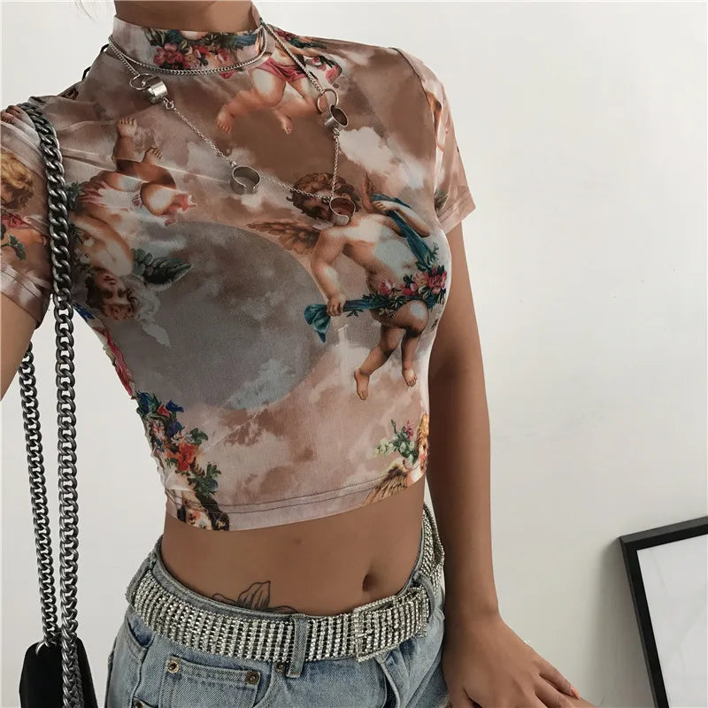 High Neck Angel Cupid Mesh Crop Top