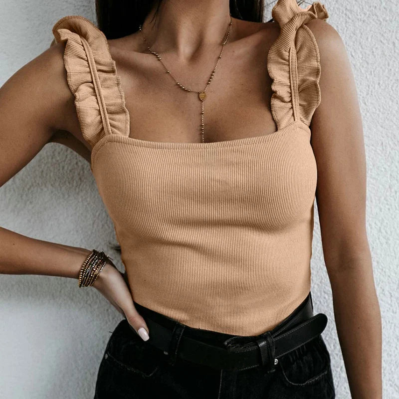 Solid Ribbed Knit Square Collar Casual Slim Cami Top