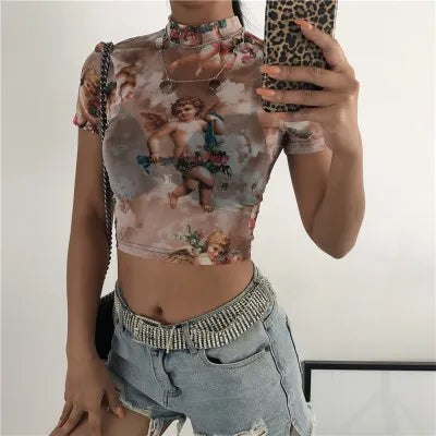 High Neck Angel Cupid Mesh Crop Top