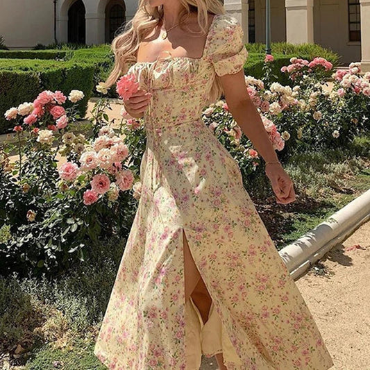 Puff Sleeve Square Neck Floral Dress